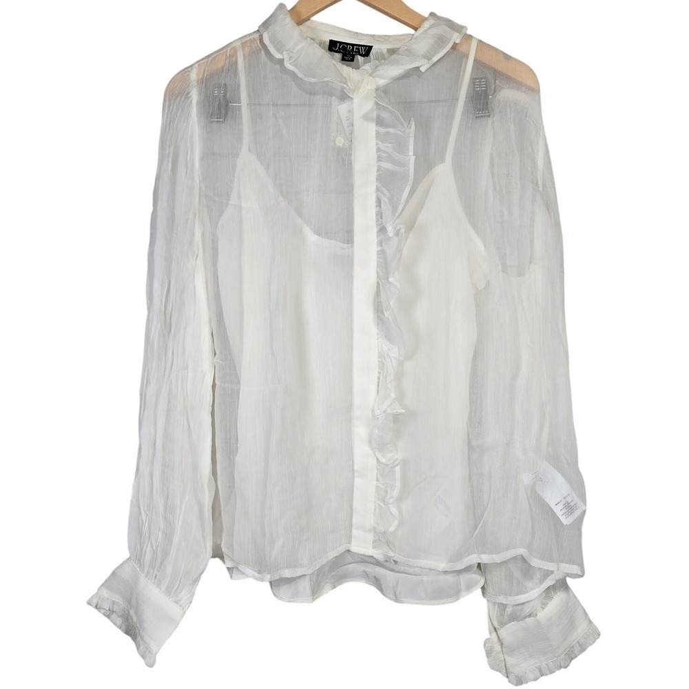 J. Crew Ruffle button-up shirt in crinkle chiffon in Ivory 12‎ NWT